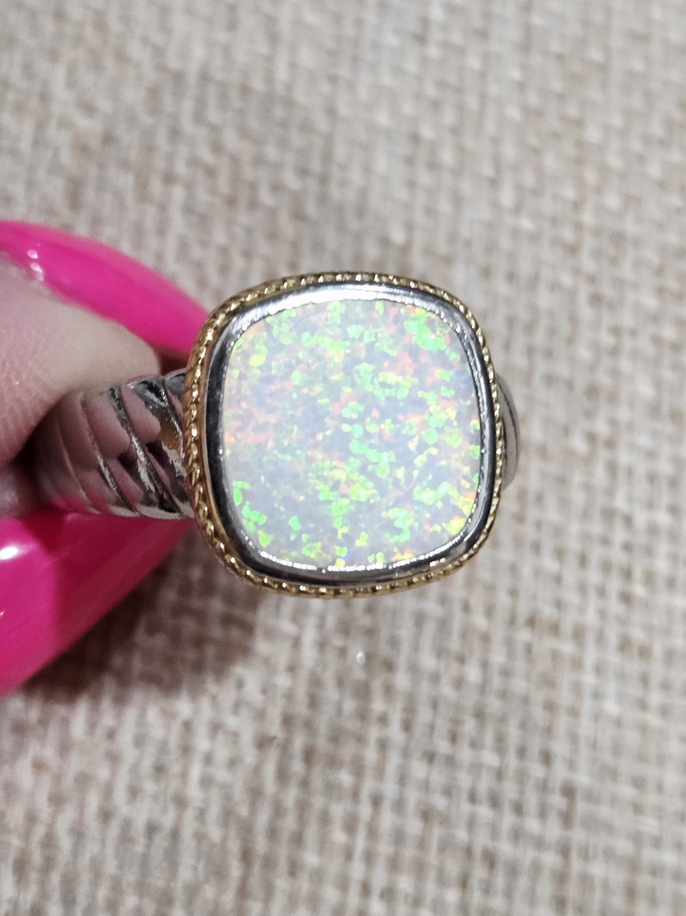 Gold Trim White Opal Square Statement Ring~ Size 10